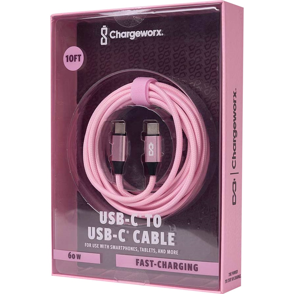 Power Cable, Tech, Chargeworx, Nylon, Tuff, 60 watt, 10', USB-C to USB-C, 988432, Pink